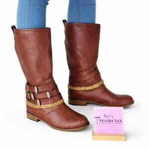 Monroe & Main Chestnut Brown Leather Ankle-Wrap Braided Detail Boots Sz 11 W